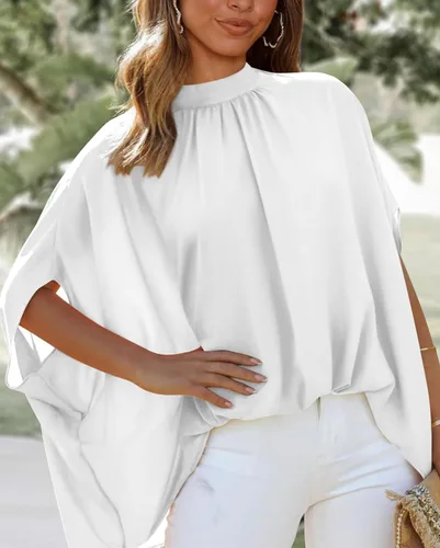Vista 153 de BTFBM Blusas de verano para mujer, cuello alto falso, manga murciélago, holgadas, dobladillo alto y bajo, blusas informales de gran