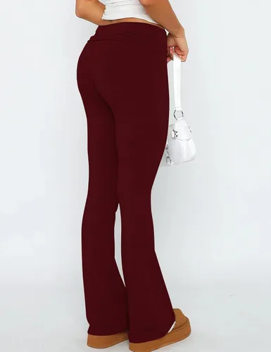 Vista 3 de Women Skinny Flare Pants Fold Over Low Waist Bootcut Yoga Pants Y2k Bell Bottom Leggings Lounge Streetwear