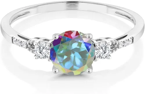 Vista 2 de Gem Stone King Anillo de compromiso de oro blanco de 10 quilates con topacio místico azul simulado de zafiro y diamante de 3 piedras para mujer