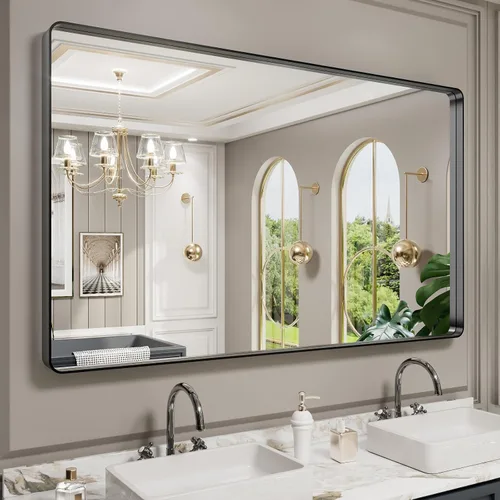 Vista 35 de LOAAO 20x16 Pulgadas Espejo de Baño con Marco de Metal Negro para Pared, Espejo de Tocador de Baño de Estilo Granja, Espejo Grande Rectangular