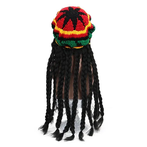 Vista 5 de Rasta Dreadlocks - Peluca de gorro con Tam de 28 pulgadas, punto reggae holgado, gorro de ganchillo jamaicano, gorra elástica de punto hippie, pelo
