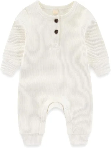 Vista 2 de IADOER Mameluco de una pieza para bebés recién nacidos niños y niñas con puños de manopla, paquete de 3, manga larga acanalado con botones, conjunto