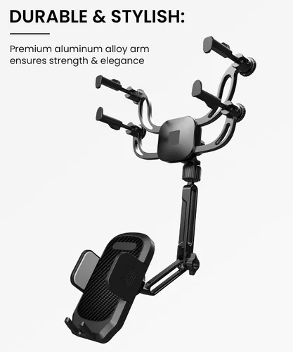 Vista 6 de Soporte para teléfono con espejo retrovisor – Soporte de teléfono de coche con brazo de metal sólido, ajuste universal para iPhone y Android, clip