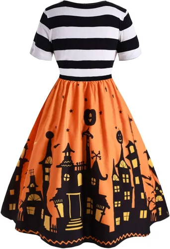 Vista 2 de ZEZCLO Vestido de Halloween para mujer, talla grande, divertido disfraz de calabaza a rayas, vestidos acampanados