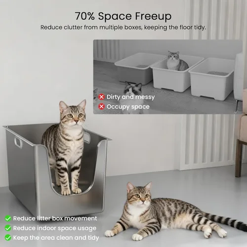 Vista 6 de Caja de arena de acero inoxidable con lados altos de 11.8 pulgadas, caja de arena de metal XL para gatos con entrada baja curva, bandeja de arena
