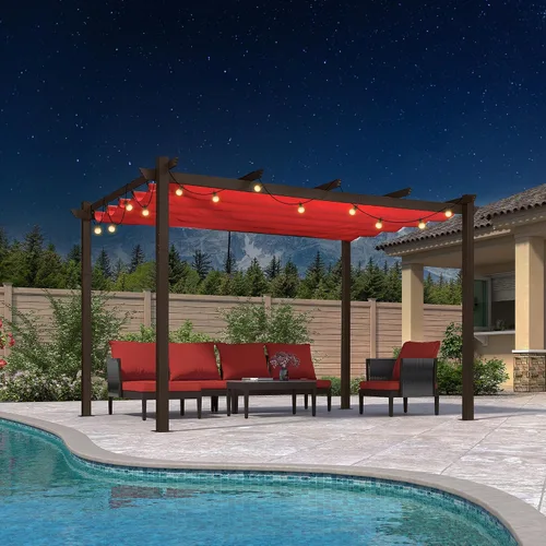 Vista 19 de PURPLE LEAF Pérgola de 10 x 12 pies con toldo retráctil, pérgola cuadrada de bronce de aluminio para patio al aire libre, junto a la piscina, beige