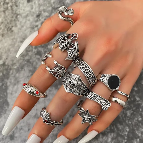 Vista 4 de IFKM Vintage Silver Knuckle Rings Set for Women, Stackable Joint Finger Statement Rings Bohemian Retro Hollow Carved Midi Rings, Boho Halloween