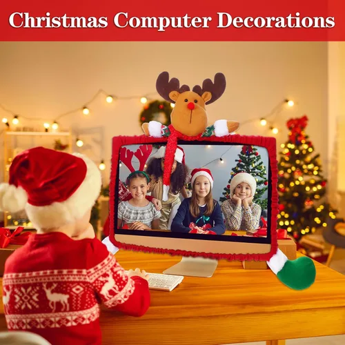 Vista 6 de Funda elástica para monitor de computadora de Navidad, decoración de Navidad, cubierta de borde de monitor de computadora de reno, funda elástica