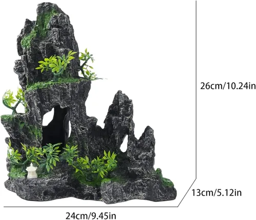 Vista 2 de Adornos Grandes para Acuario - Adorno de Acuario con Vista a la Montaña, Casa en el Árbol, Cueva, Puente, Resina, 10.24x9.45x5.12 pulgadas, C