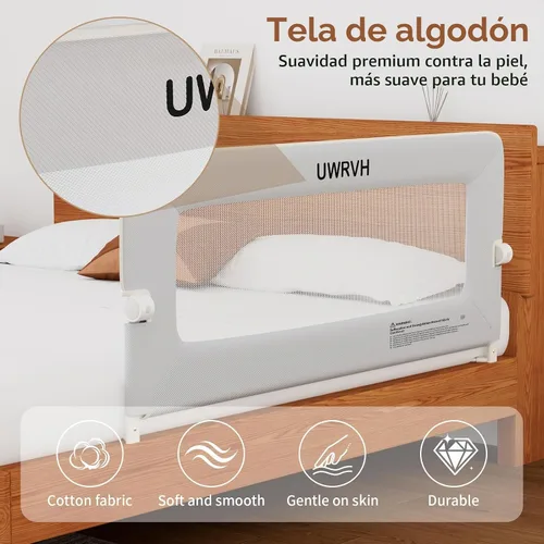 Vista 4 de Riel de cama para niños pequeños, riel plegable de 33 pulgadas, base en forma de T sin taladrar con bloqueo de seguridad, tela 3D suave, protector