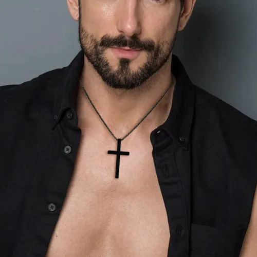 Vista 3 de Collar con dije de cruz cristiana para hombre de acero inoxidable chapado en oro o plata, o negro religioso y minimalista, para joyería de bautismo
