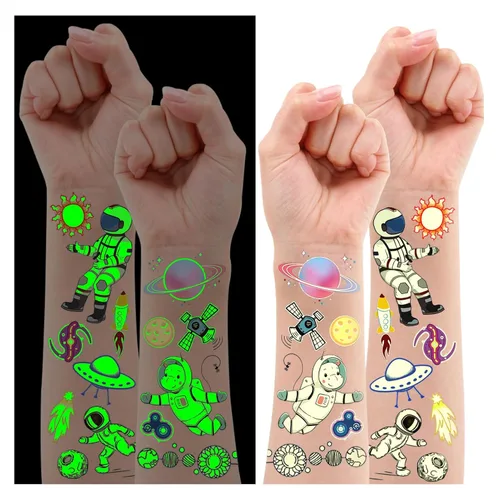 Vista 12 de Partywind 380 estilos (30 hojas) tatuajes luminosos para niños, estilos mixtos, calcomanías temporales con sirena/dinosaurio/espacio exterior/pirata