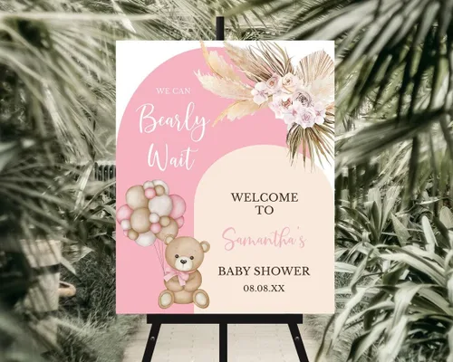 Vista 19 de Globo de aire caliente azul Boho Bear Can Bearly Wait Welcome Sign Decoración, descarga instantánea, letrero de plástico