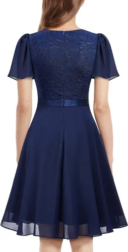 Vista 2 de MISSMAY Vestido de cóctel de encaje con cuello en V y mangas con volantes retro