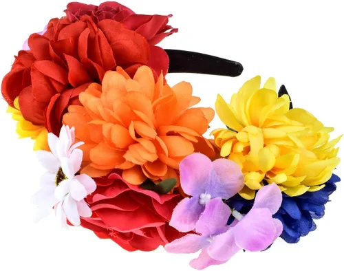 Vista 33 de DreamLily Frida Kahlo NC26 - Diadema con corona de rosas mexicanas para disfraz de fiesta de Halloween