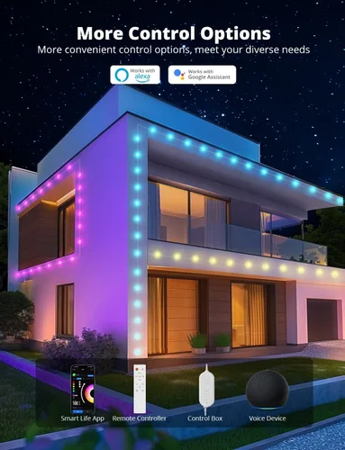 Vista 6 de Luces de exterior permanentes de 50 pies con 45 LED, luces de cadena LED RGB para exteriores que cambian de color con 60 lm de luz blanca cálida