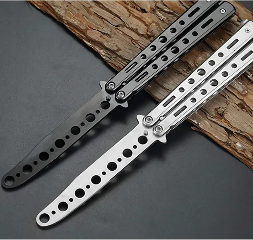 Vista 5 de Cuchillo de mariposa, paquete de 2 cuchillos de práctica de entrenamiento de artes marciales espadas de acero de metal plegable cuchillo