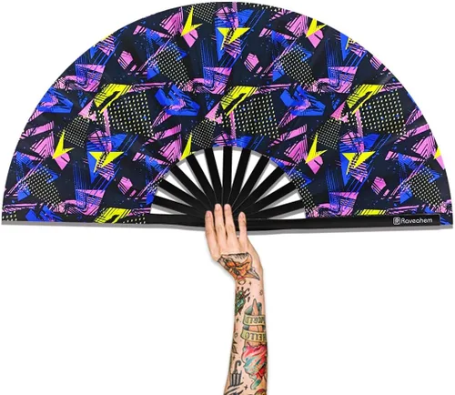 Vista 24 de Abanico Plegable Grande, Abanico Rave Clack de 13 Pulgadas, Abanico de Mano para Mujeres y Hombres con Tela de Satén Premium, Marco de Bambú Grueso