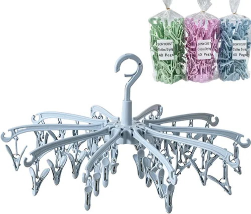 Vista 9 de Estante de Secado Plegable con 24 Clips para Secar Calcetines, Lencería, Ropa de Bebé, Toallas, Estante Giratoria para Secar Calcetines Azul