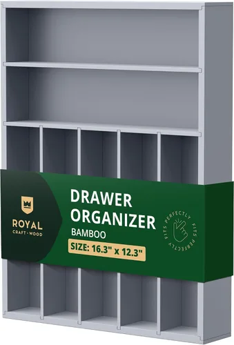Vista 13 de ROYAL CRAFT WOOD Organizador de cajones de cocina de bambú de lujo, organizador de cubiertos, soporte para utensilios y bandeja de cubiertos