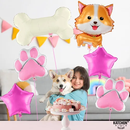 Vista 7 de KatchOn, Globo de perro para fiesta de cachorros, paquete de 14, globos de pata, globo de perro Globo rosa de hueso de perro para decoraciones