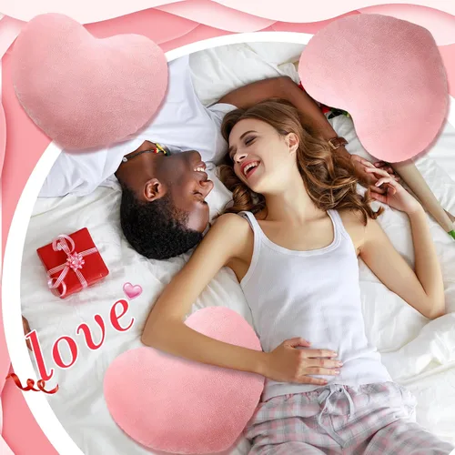 Vista 3 de Queekay 4 piezas de almohada de corazón de San Valentín lindo cojín de peluche de San Valentín en forma de corazón, almohada decorativa de peluche