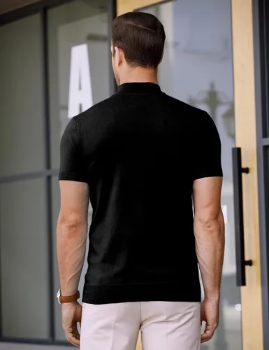 Vista 4 de COOFANDY Suéter de cuello alto falso para hombre, manga corta, color sólido, básico, ajustado, de punto