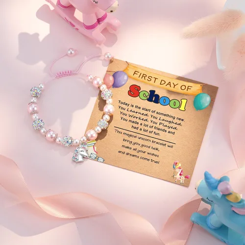 Vista 6 de HGDEER KindergartenPreschool Graduation Gifts for Girls Pink Pearl and Rhinestone Balls Unicorn Bracelet Adjustable Length Suitable for Daughter