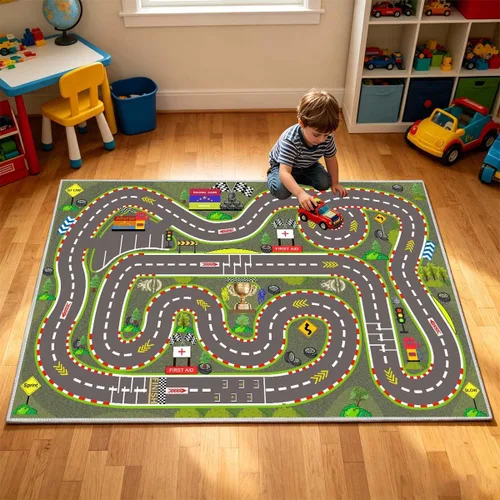 Vista 9 de Alfombra para Niños, Alfombras de Tapete de Juego de Pista de Carreras 47×31 pulgadas, Alfombra para Niños con Respaldo de Goma, Línea de Salida