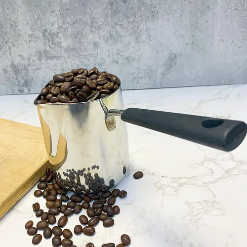 Vista 5 de Cafetera turca de 12 oz/11.8 fl oz jarra de espuma de leche para té, olla de fusión de mantequilla Jarra toroide de flores de acero inoxidable