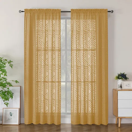 Vista 82 de Simplebrand Cortinas traslúcidas negras de cocina de 24 pulgadas de largo, 2 paneles, filtrado de luz, geométrico jacquard con textura, cortinas