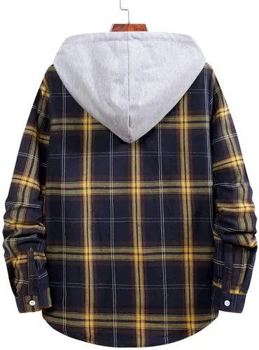 Vista 2 de Camisas de algodón a cuadros para hombre, chaqueta de franela con forro polar para hombre, camisa a cuadros de moda, hip hop, cárdigan con capucha