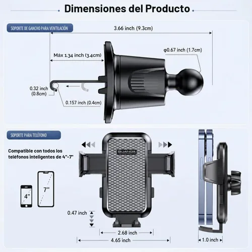 Vista 9 de Soporte para teléfono de ventilación de aire, clip de gancho de metal, liberación con una sola mano, antivibración Ac-negro.