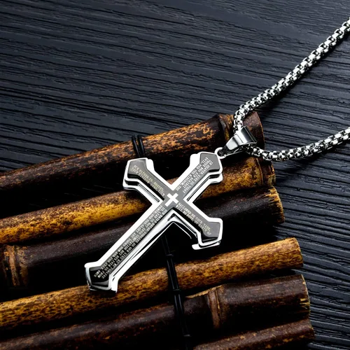 Vista 4 de Collar con colgante de cruz de Jesucristo grande de acero inoxidable para hombre con cadena bizantina de 22, 24, 26 pulgadas, negrodoradoplata