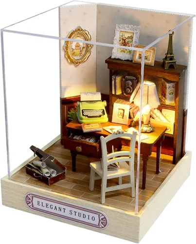 Vista 10 de CUTEROOM Juego de bricolaje para casa de muñecas en miniatura con muebles de madera, kit de casa de madera con cubierta antipolvo y luz LED