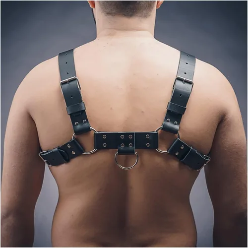 Vista 6 de IXOUP BDMS - Arnés de cuero genuino para hombre, ajustable, fetiche, arnés corporal sexy con hebillas y cinturones, disfraz de fiesta de Halloween