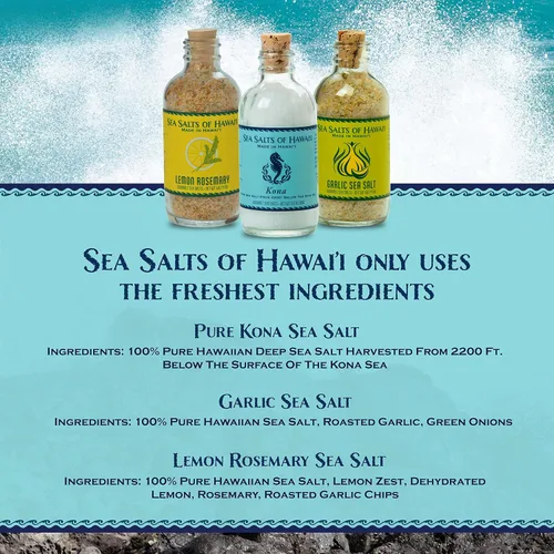 Vista 3 de Sea Salts of Hawaii Paquete de 3 variedades, sal hawaiana pura de Kona, sal de ajo asado, sal marina hawaiana con sabor a limón y romero