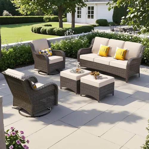 Vista 34 de Juego de muebles de exterior para patio, silla y sofá (ratán marrón, beige, 3 piezas)