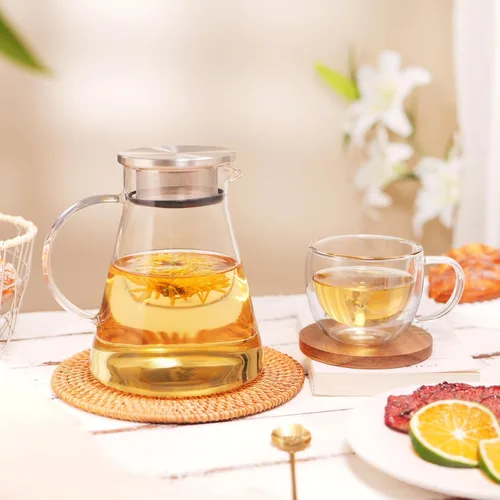 Vista 6 de CNGLASS Tetera de vidrio de 30.5 oz/900 ml segura para estufa, tetera de un toque transparente, tetera para té floreciente y de hojas sueltas