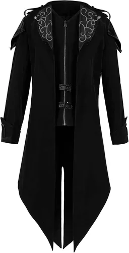 Vista 2 de XIOLKI Chaqueta steampunk gótica con capucha para hombre, chaqueta medieval, disfraz de Halloween