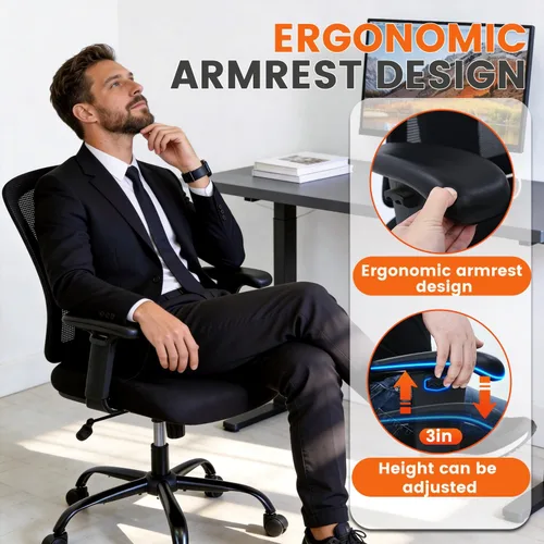 Vista 6 de Silla de oficina grande y alta, asiento ancho de 400 libras, silla de computadora con soporte lumbar, brazos ajustables, silla giratoria de malla