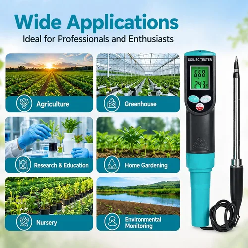 Vista 8 de Medidor digital EC de suelo 2 en 1 plantas porfesionales medidor de temperatura EC con sensor con cable, pantalla LCD retroiluminada, compensación