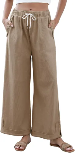 Vista 18 de Athlisan Pantalones Palazzo Holgados de Pierna Ancha para Mujer Casuales Sueltos con Cordón Cintura Elástica Pantalones de Descanso con Bolsillos