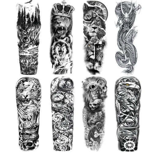 Vista 8 de Adhesivos de manga de tatuajes falsos de lobo león, brazo completo, dragón animal, tribal, mangas temporales de tatuaje para hombres, mujeres