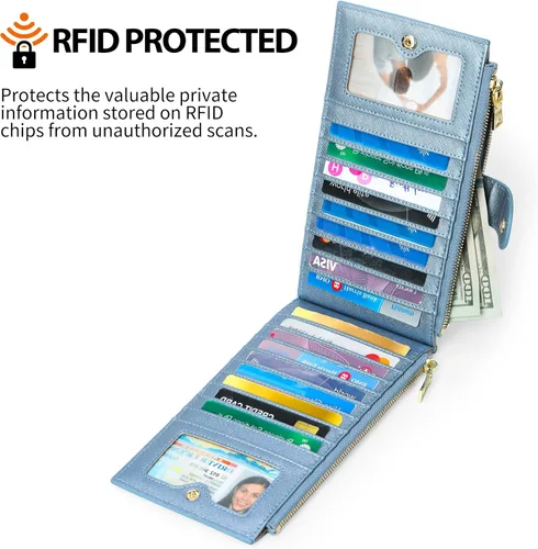 Vista 4 de GOIACII Cartera para mujer con bloqueo RFID plegable para tarjetas de crédito con 2 bolsillos con cremallera, B18 Azul perlado, Classic
