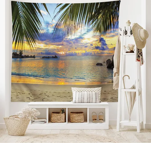 Vista 2 de Lunarable Tapiz costero, puesta de sol en la playa, palmeras del océano retumbante, imagen de lugares de viaje, decoración de tela para colgar