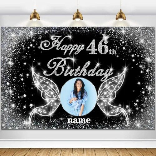 Vista 28 de Cartel personalizado de decoración de fiesta de cumpleaños número 100 - tema de alas de ángel - negro y plateado HY-NLK-100º
