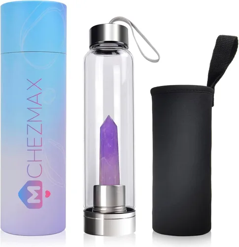 Vista 17 de ChezMax Botella de agua en cristal con centro de cristal natural intercambiable 18.6Oz, Natural Quartz Gemstone, Juice Container with Lid Sleeve