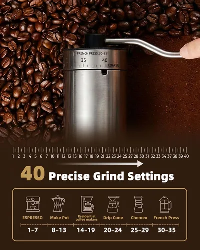 Vista 2 de Molinillo de café manual con 40 ajustes de molienda ajustables con rebabas cónicas de cerámica, molinillo de mano con manivela de mango, molinillo