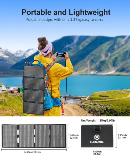 Vista 7 de ELECAENTA Panel solar de 40 W, USB C, salida USB A y CC de 18 V, impermeable IP68, cargador solar ETFE portátil plegable compatible con iPhone